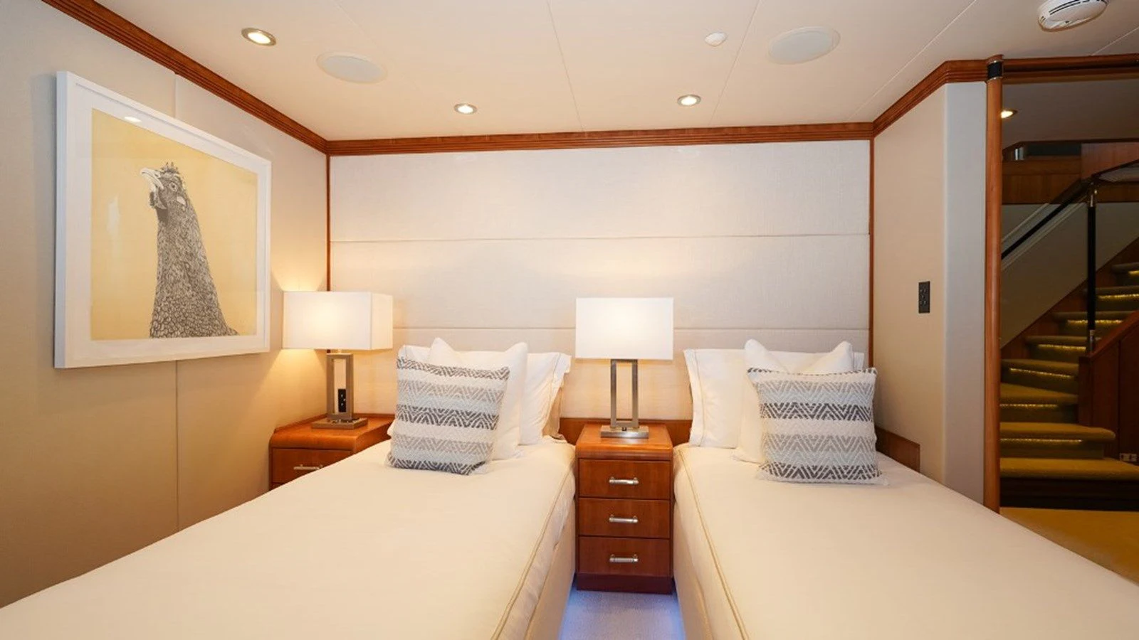 a room with two beds aboard SEA CLASS Yacht for Sale