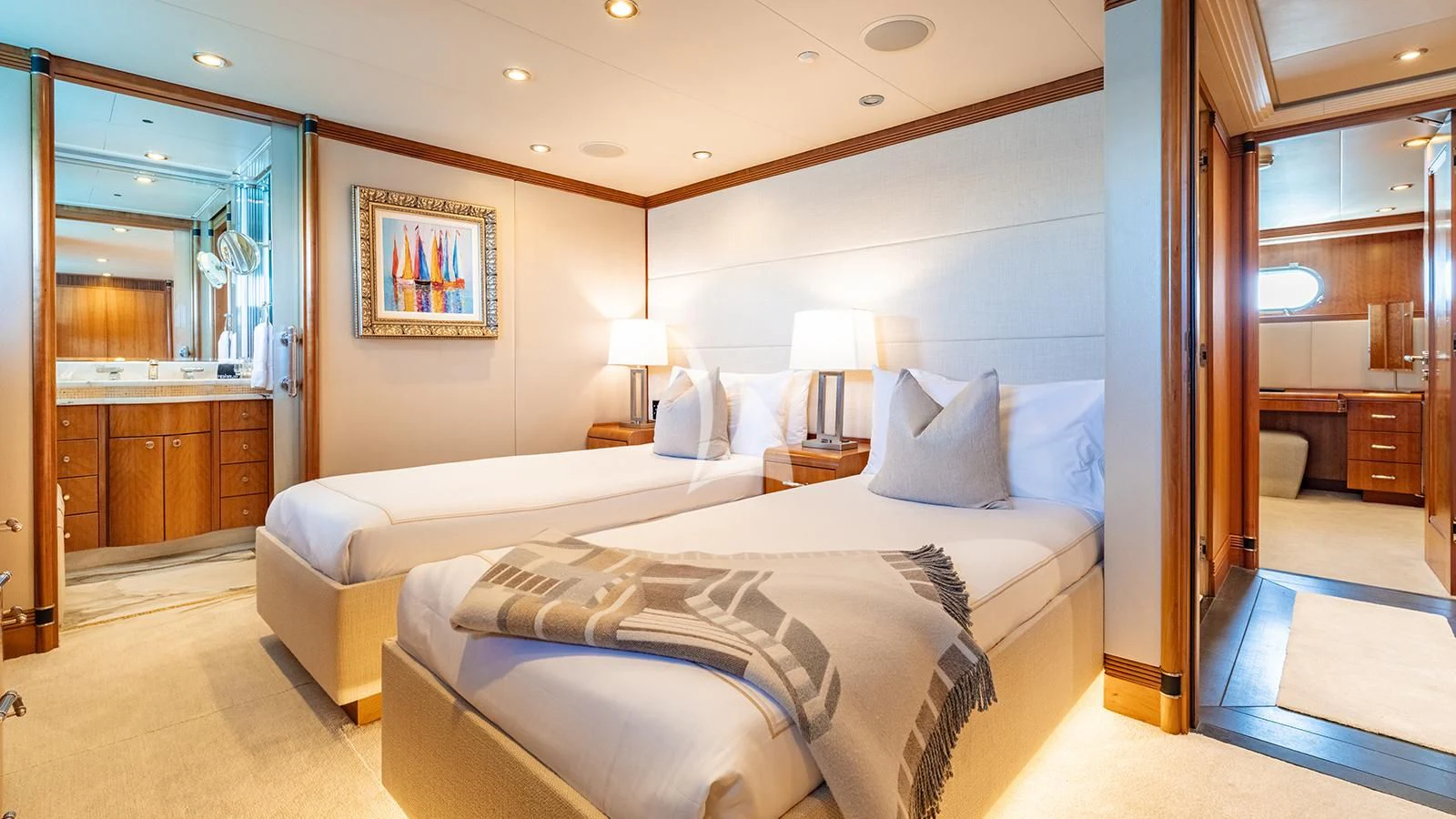 a hotel room with two beds aboard SEA CLASS Yacht for Sale