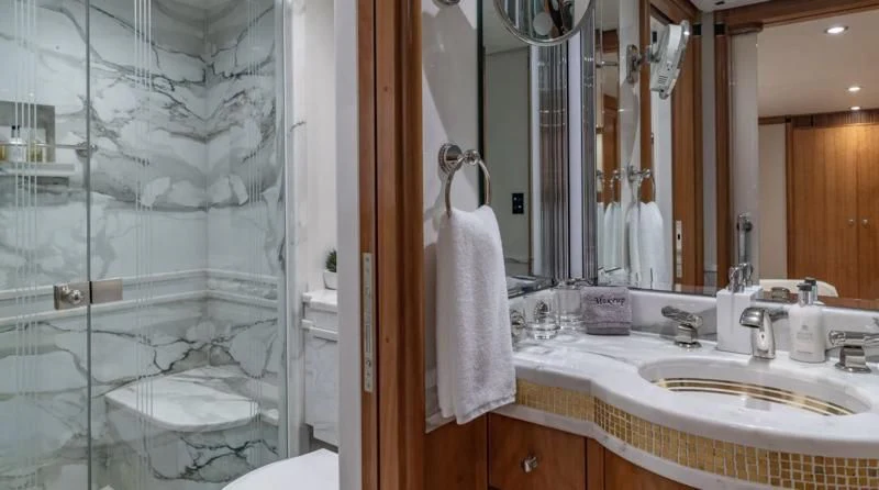 a bathroom with a large shower aboard SEA CLASS Yacht for Sale