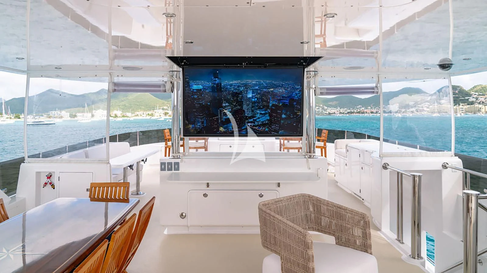 a large white bathroom with a large window aboard SEA CLASS Yacht for Sale