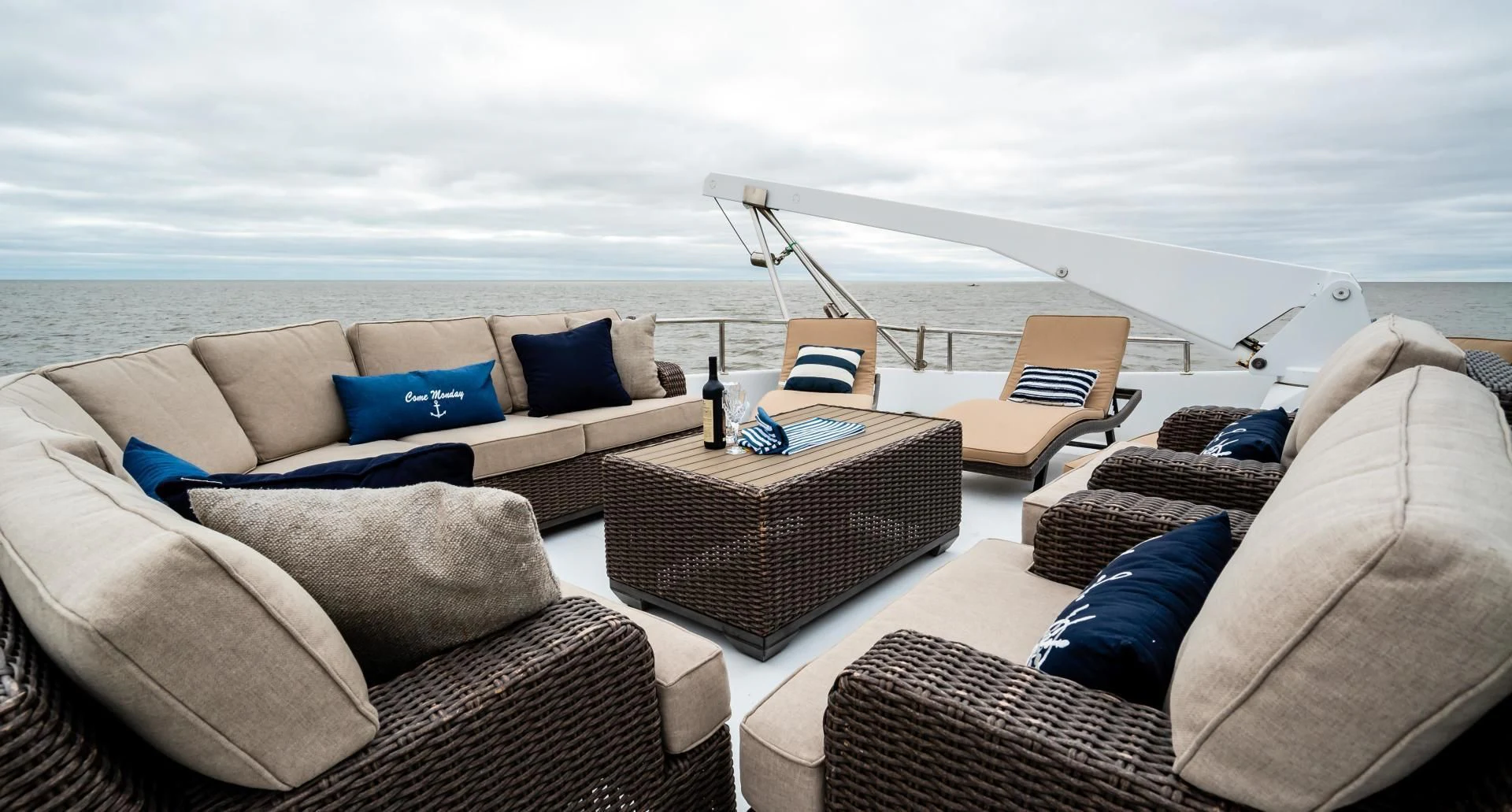 a living room with a large beach aboard BUSINESS TRIP 2 Yacht for Sale