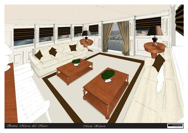 a living room with a table and couches aboard ARGOSSY Yacht for Sale