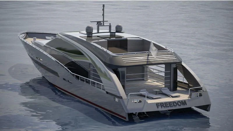 a white boat on the water aboard FREEDOM Yacht for Sale