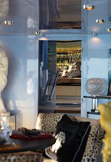 a cat sitting on a couch looking out a window aboard FREEDOM Yacht for Sale