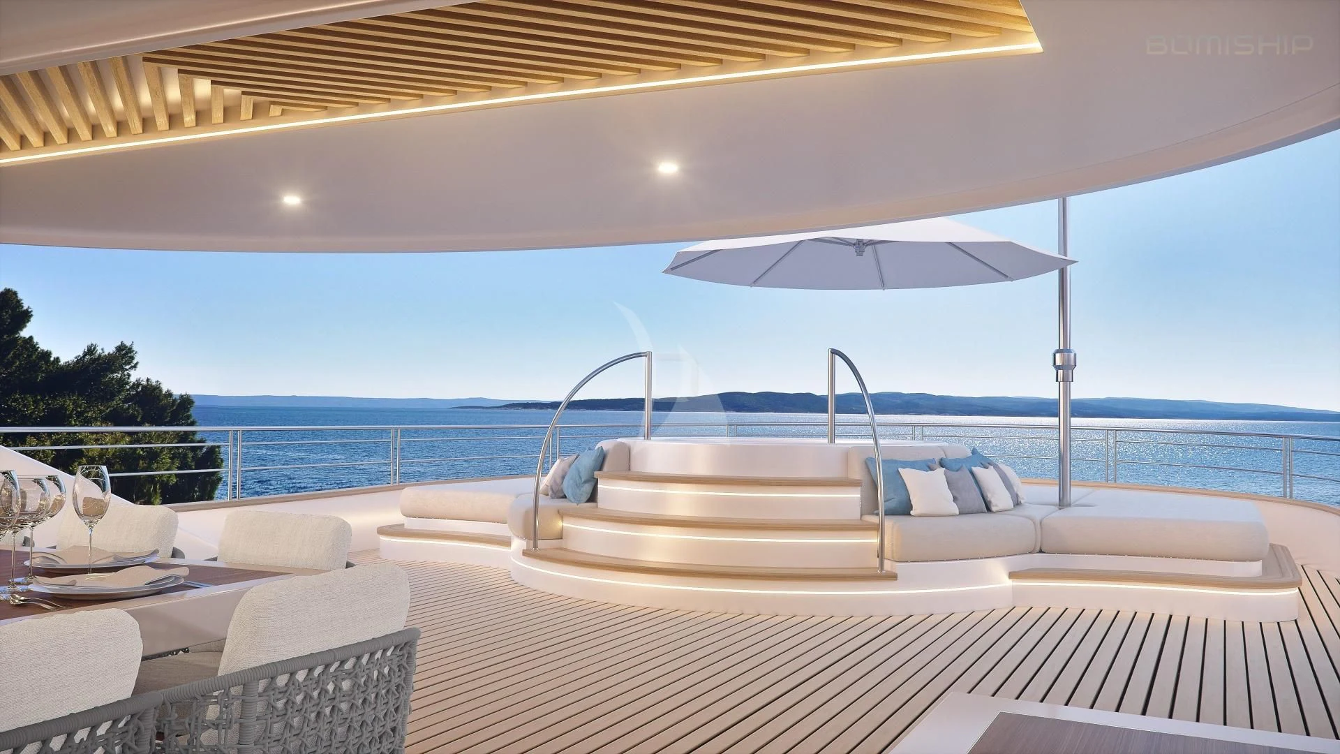 a lounge chair under an umbrella on a boat aboard M/Y ANTHEA Yacht for Sale
