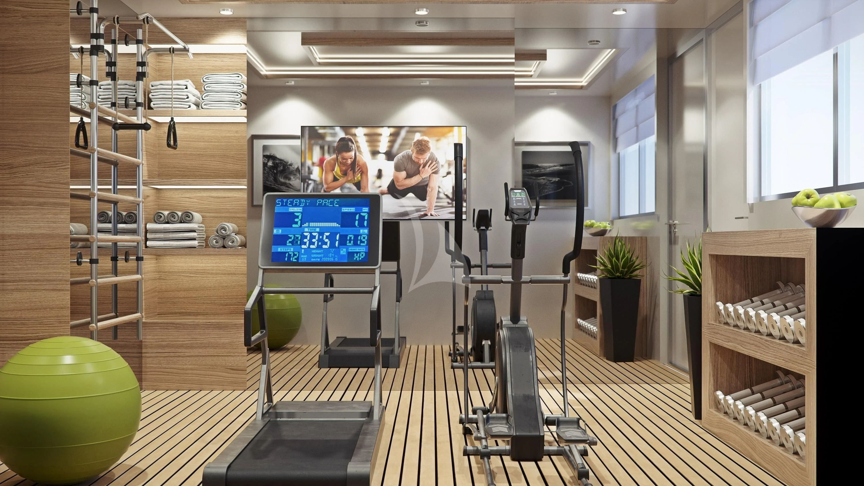 a room with a computer and a large green ball aboard M/Y ANTHEA Yacht for Sale