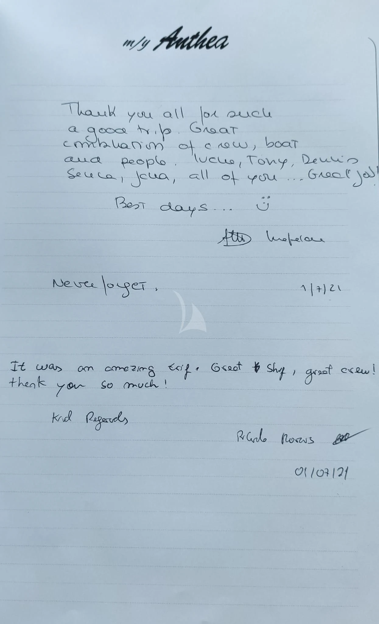 text, letter aboard M/Y ANTHEA Yacht for Sale