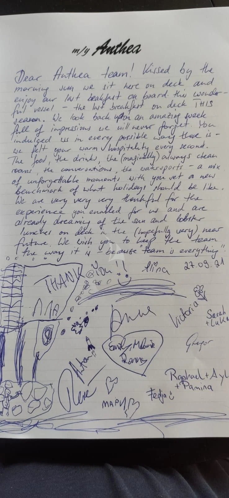 text, letter aboard M/Y ANTHEA Yacht for Sale