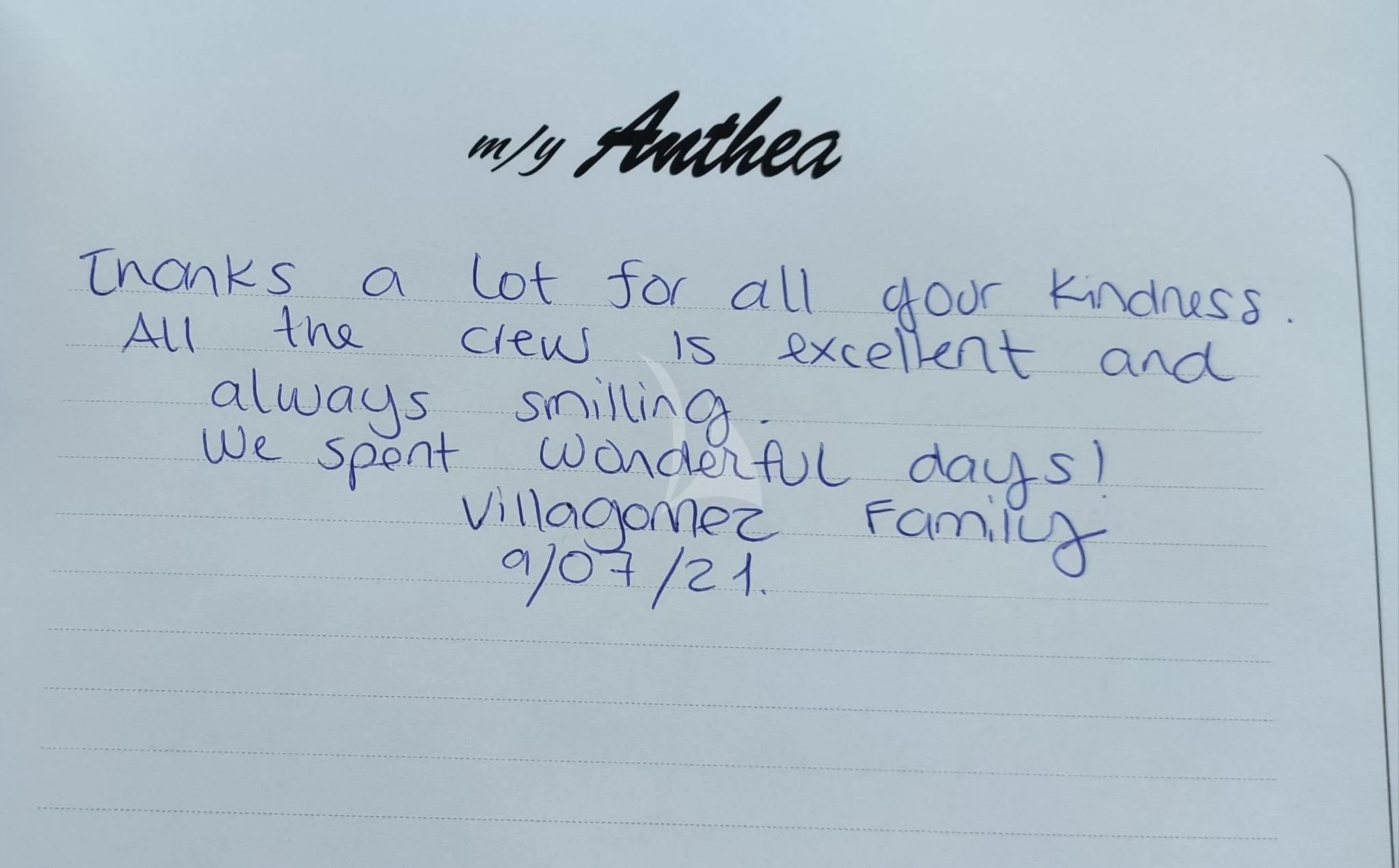 text, letter aboard M/Y ANTHEA Yacht for Sale
