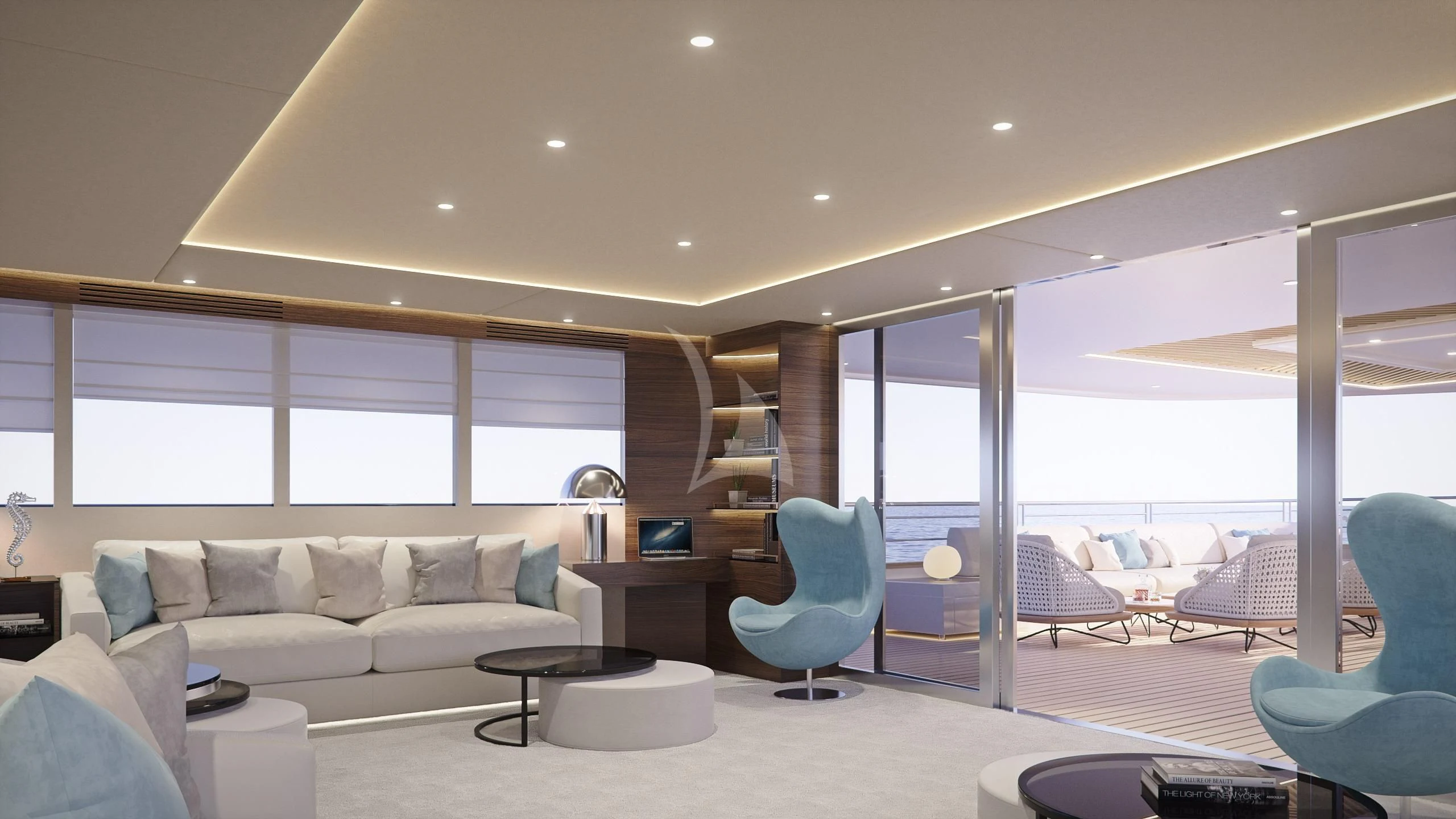 a living room with a couch and a table aboard M/Y ANTHEA Yacht for Sale