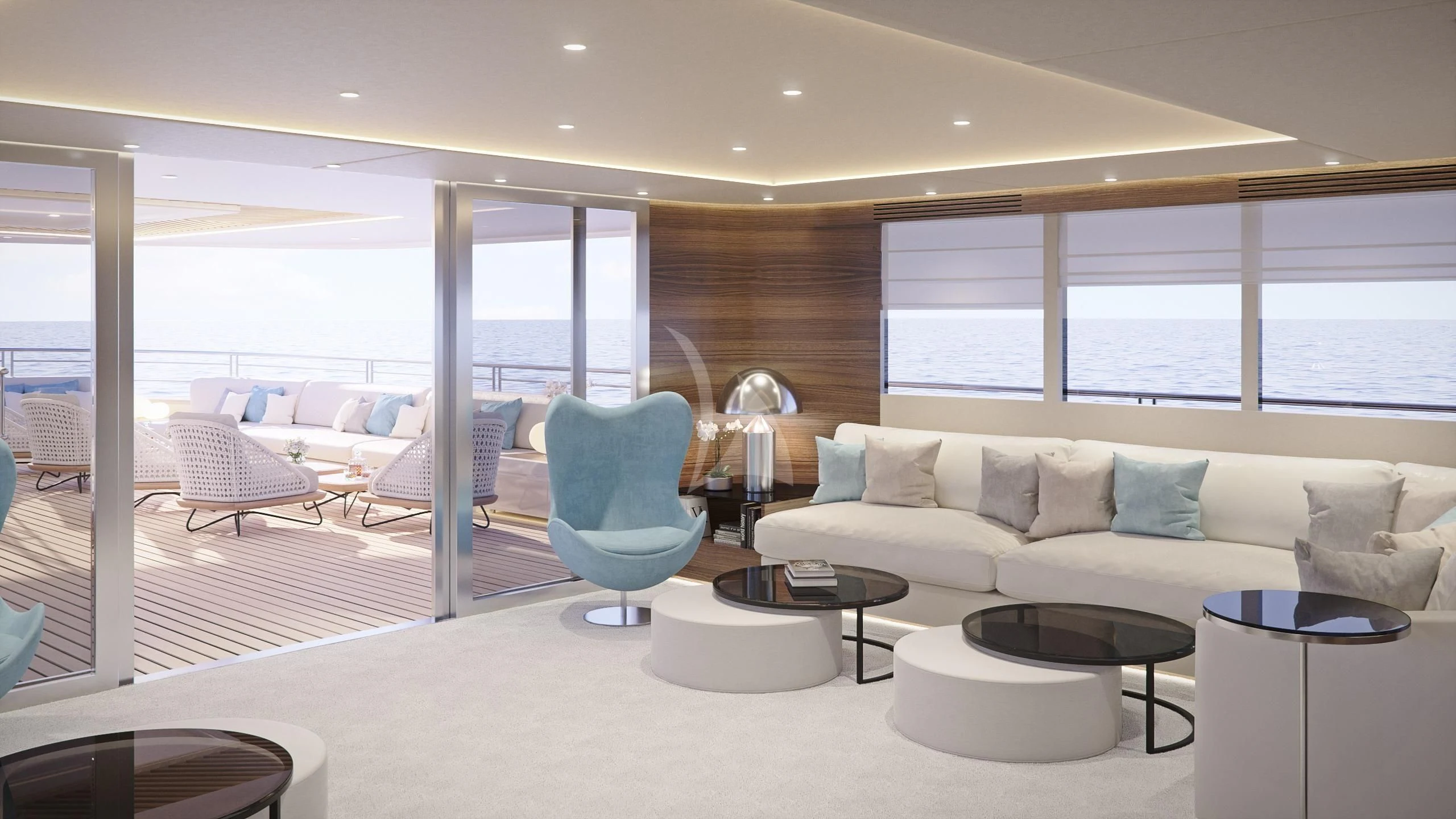 a living room with a large window aboard M/Y ANTHEA Yacht for Sale