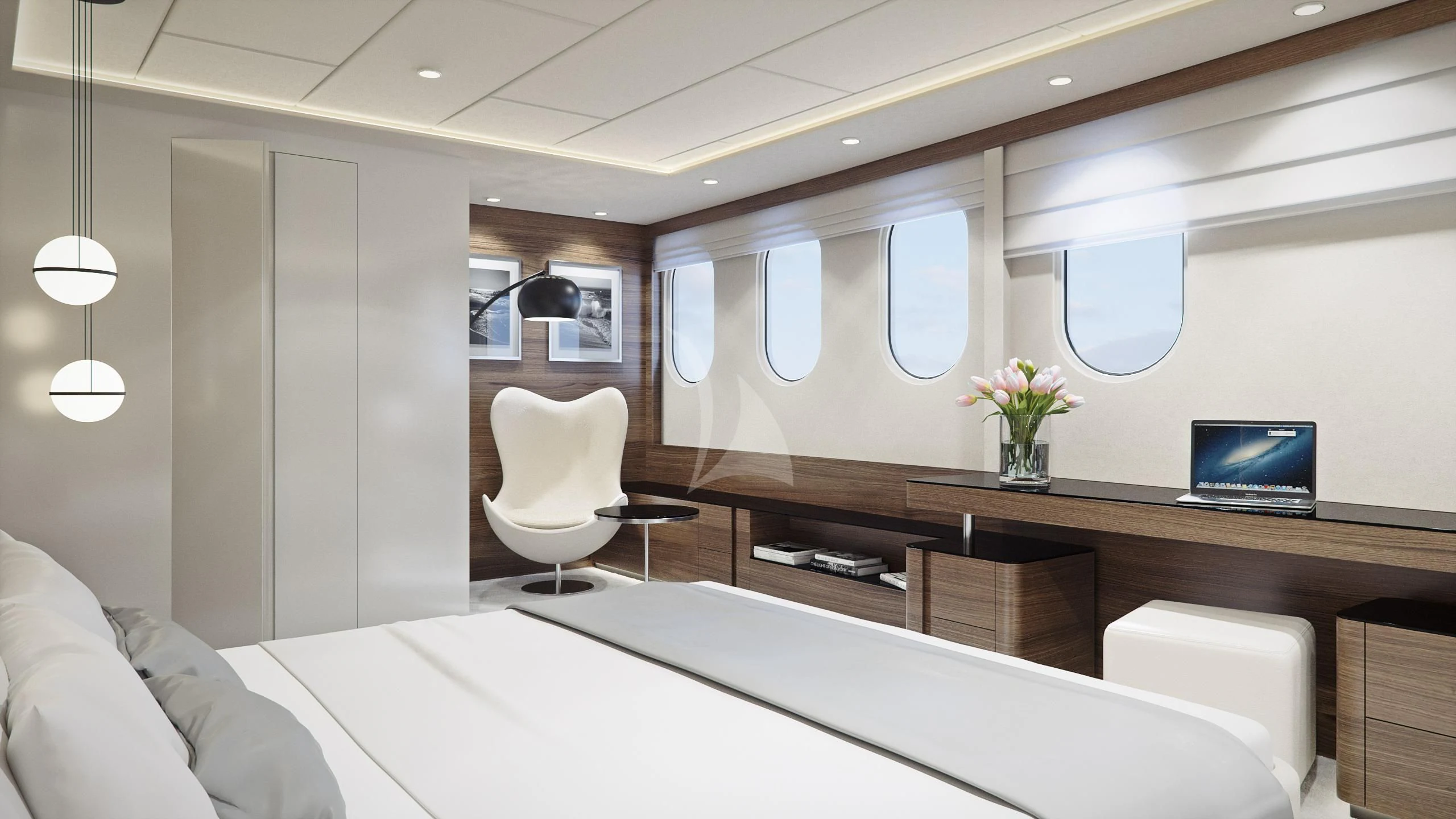 a room with a desk and a bed aboard M/Y ANTHEA Yacht for Sale