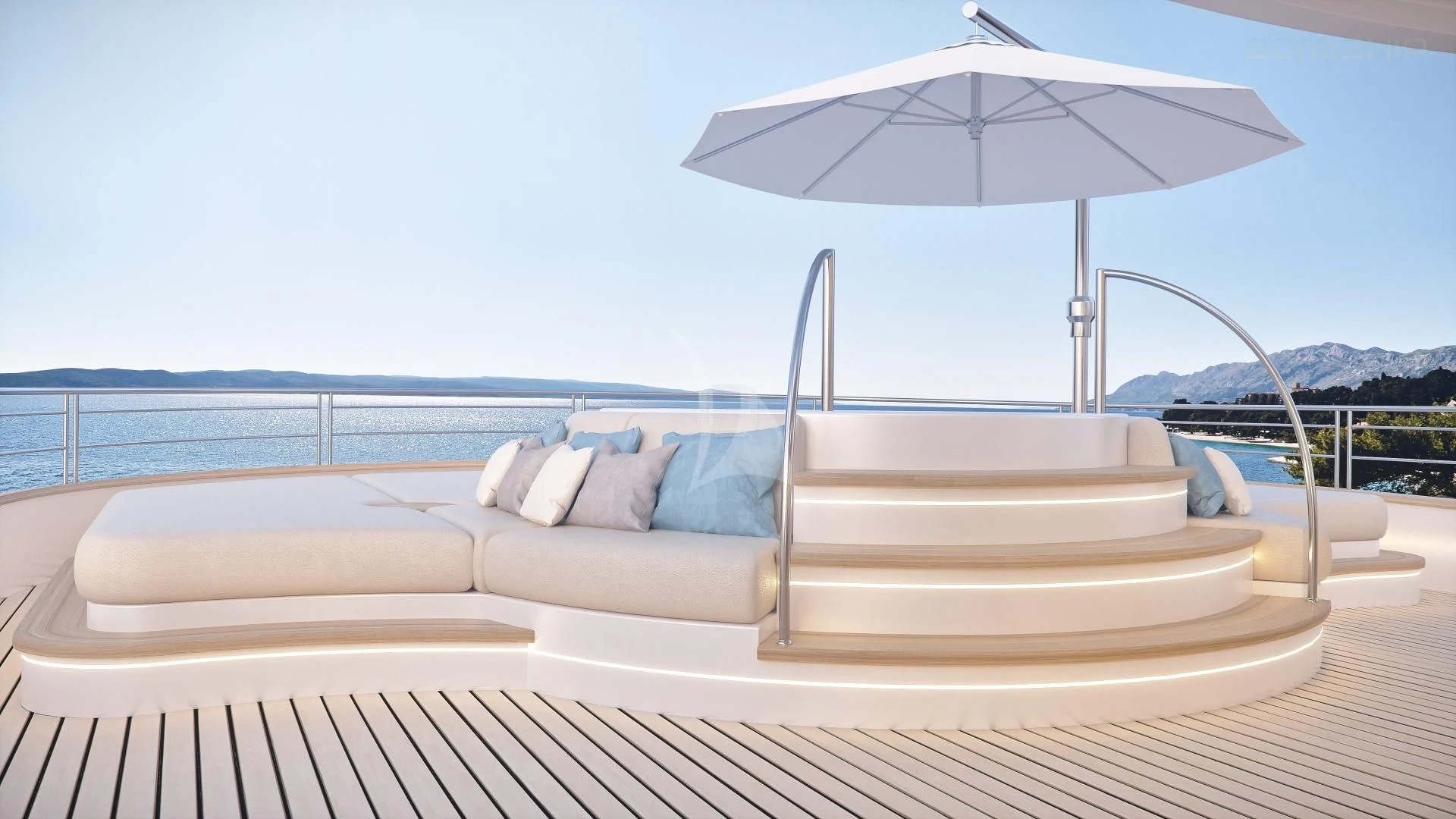 a couch and an umbrella on a deck aboard M/Y ANTHEA Yacht for Sale