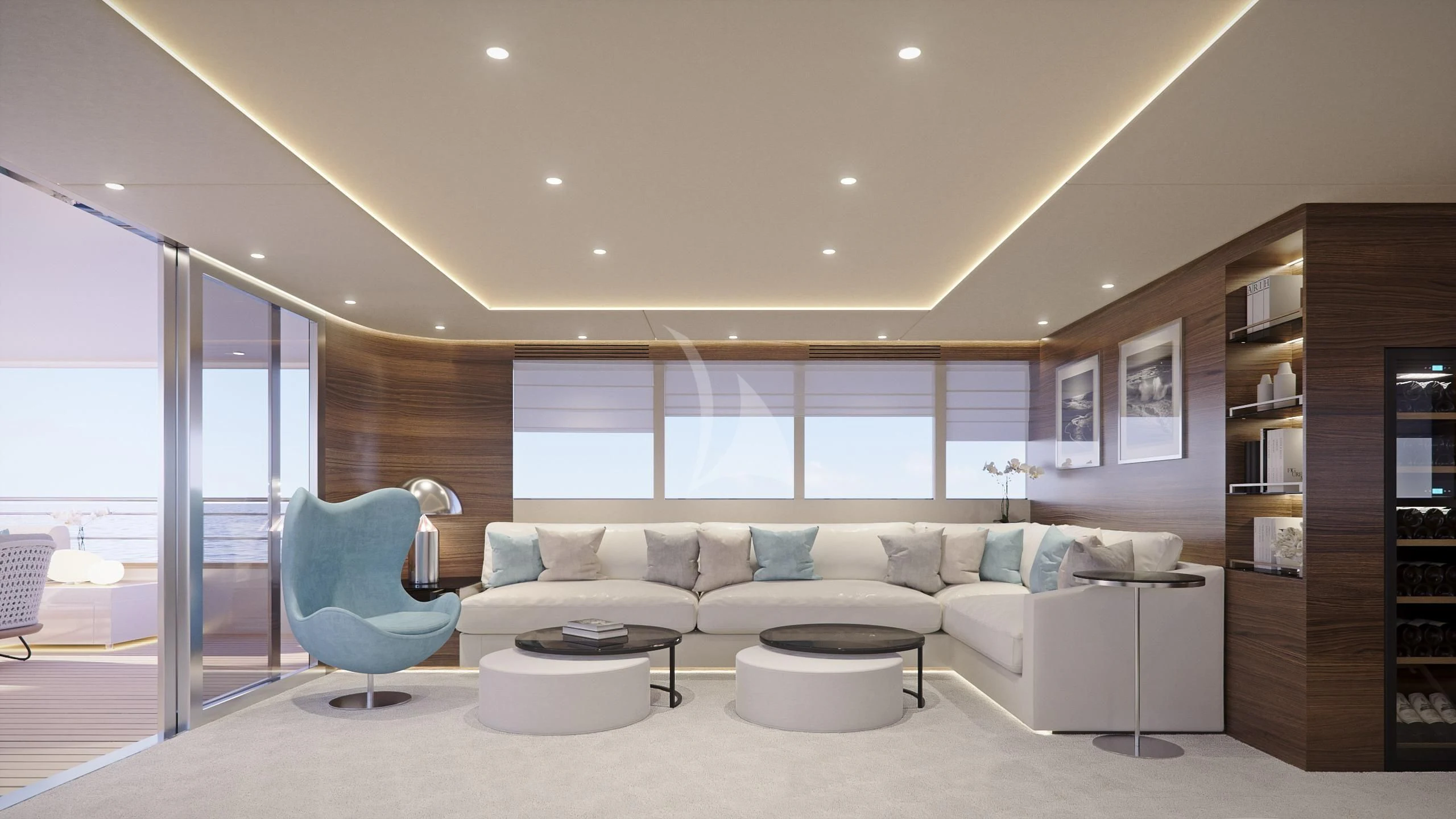 a living room with a large window aboard M/Y ANTHEA Yacht for Sale