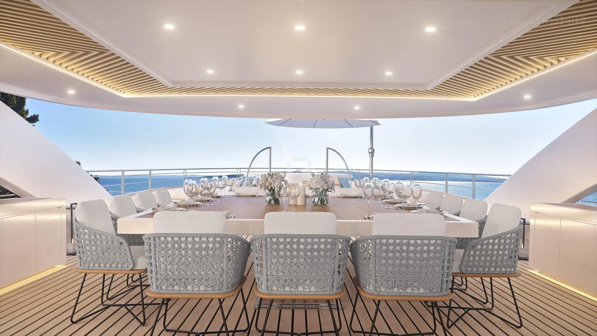 a room with a table chairs and a large white table with chairs aboard M/Y ANTHEA Yacht for Sale