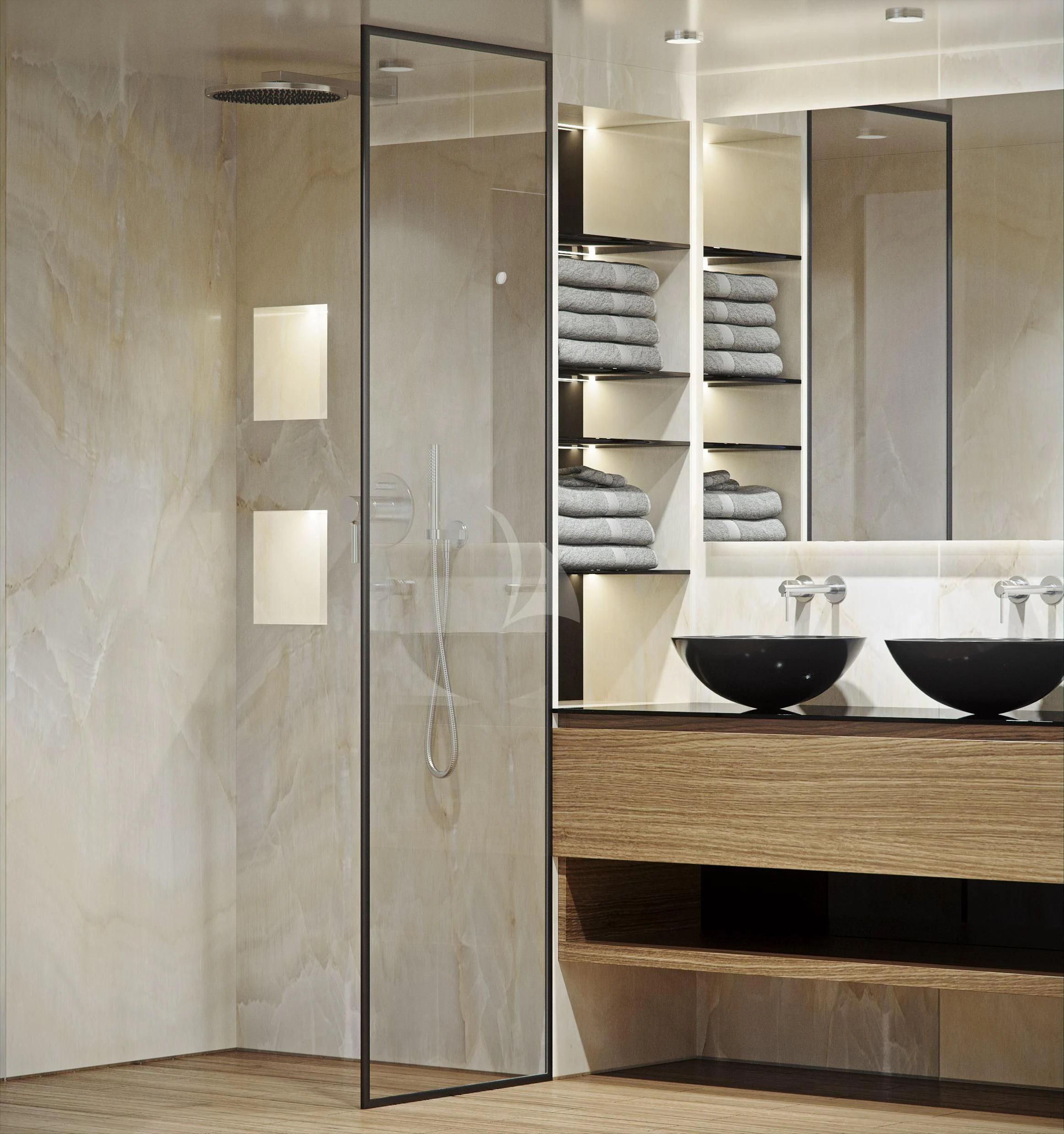 a shower unit with a sink and a mirror aboard M/Y ANTHEA Yacht for Sale