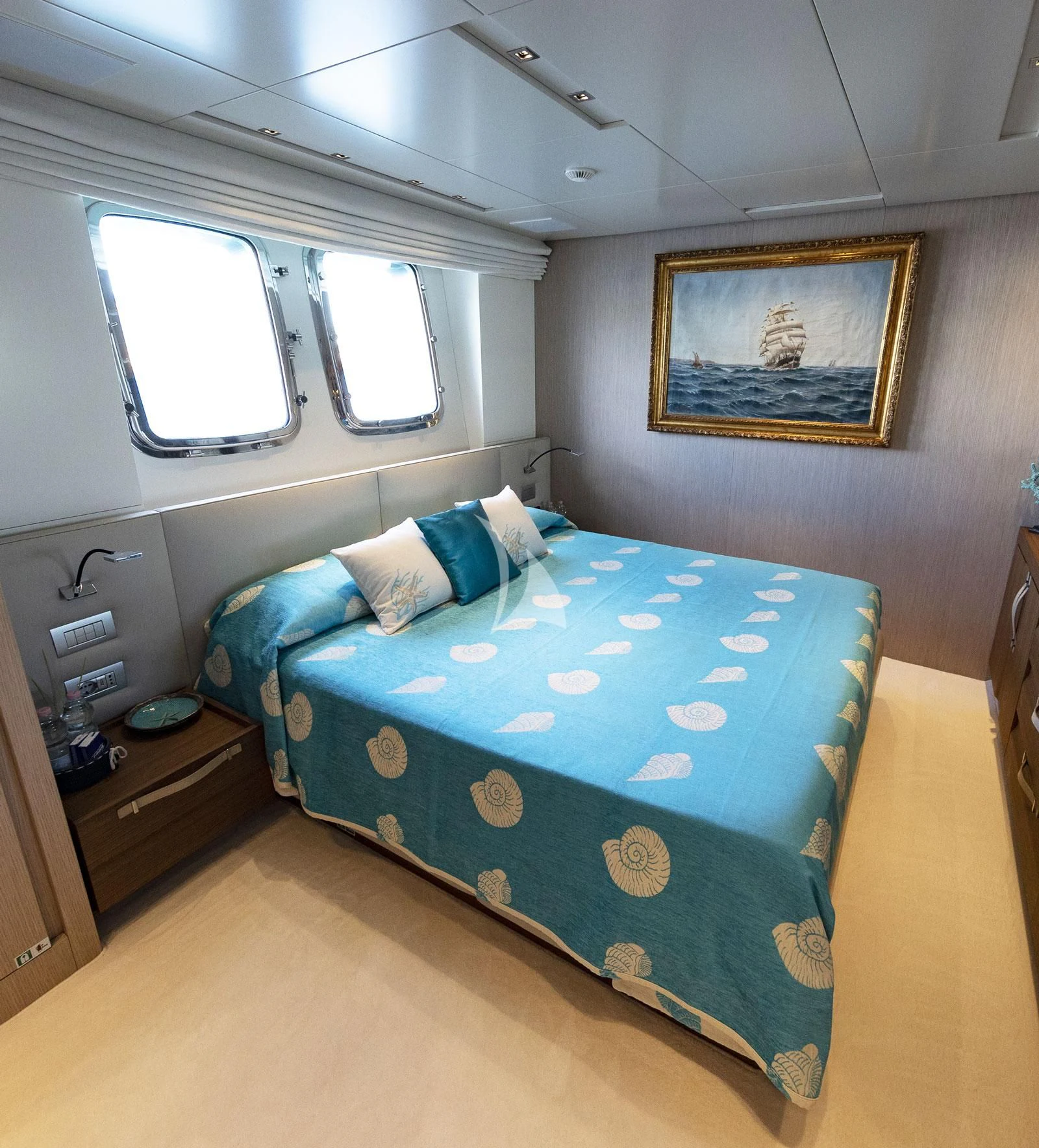 a bed in a room aboard VITTORIA Yacht for Charter
