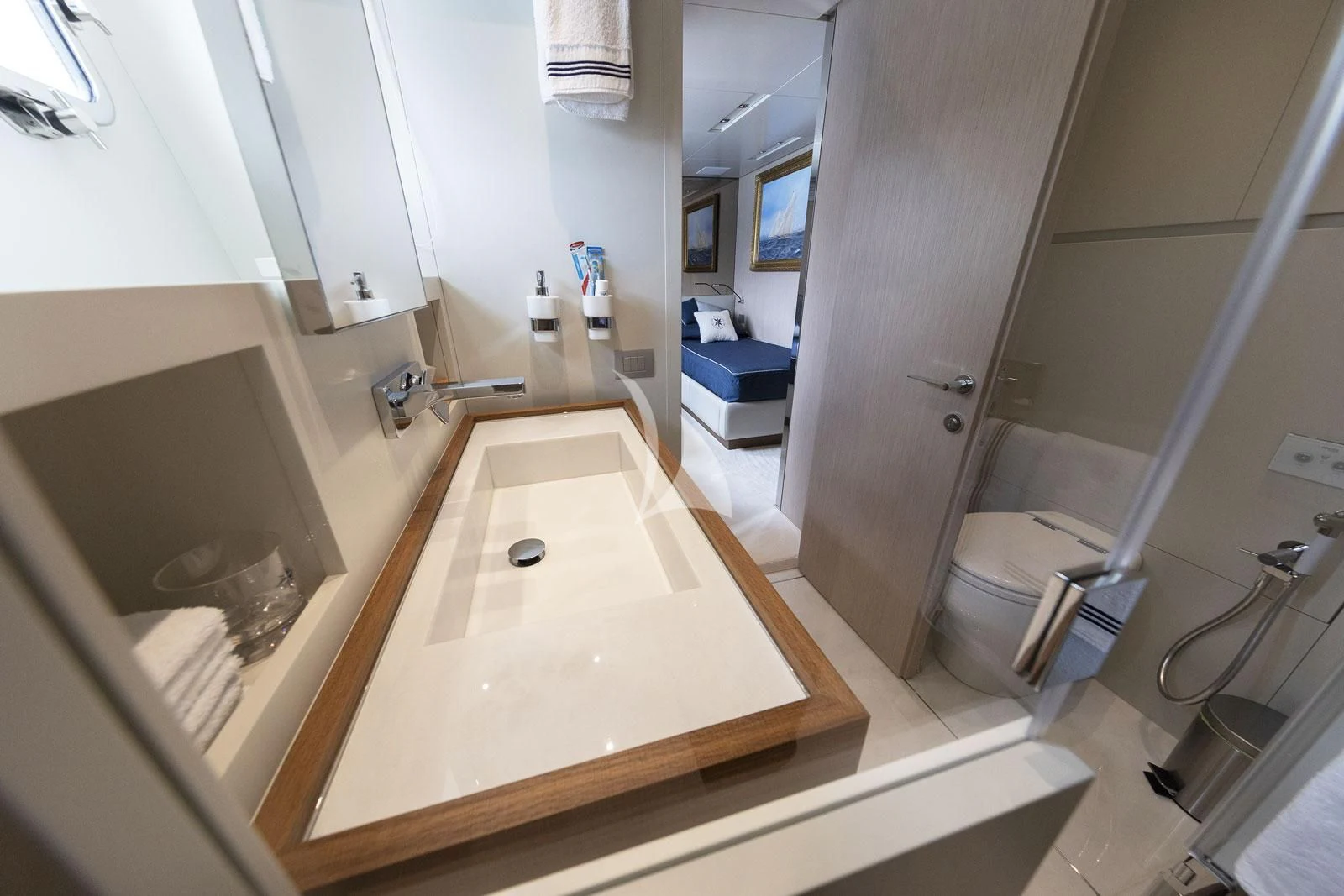 a bathroom with a large countertop aboard VITTORIA Yacht for Charter