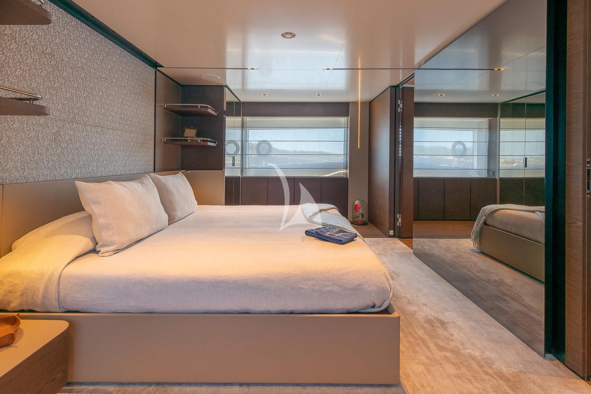 a bed in a room aboard ACQUA Yacht for Sale