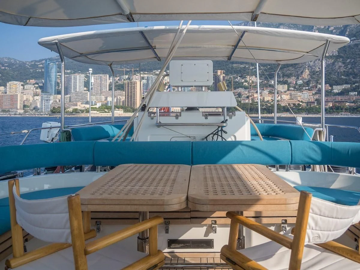 a boat on a deck aboard BLUE PAPILLON Yacht for Sale