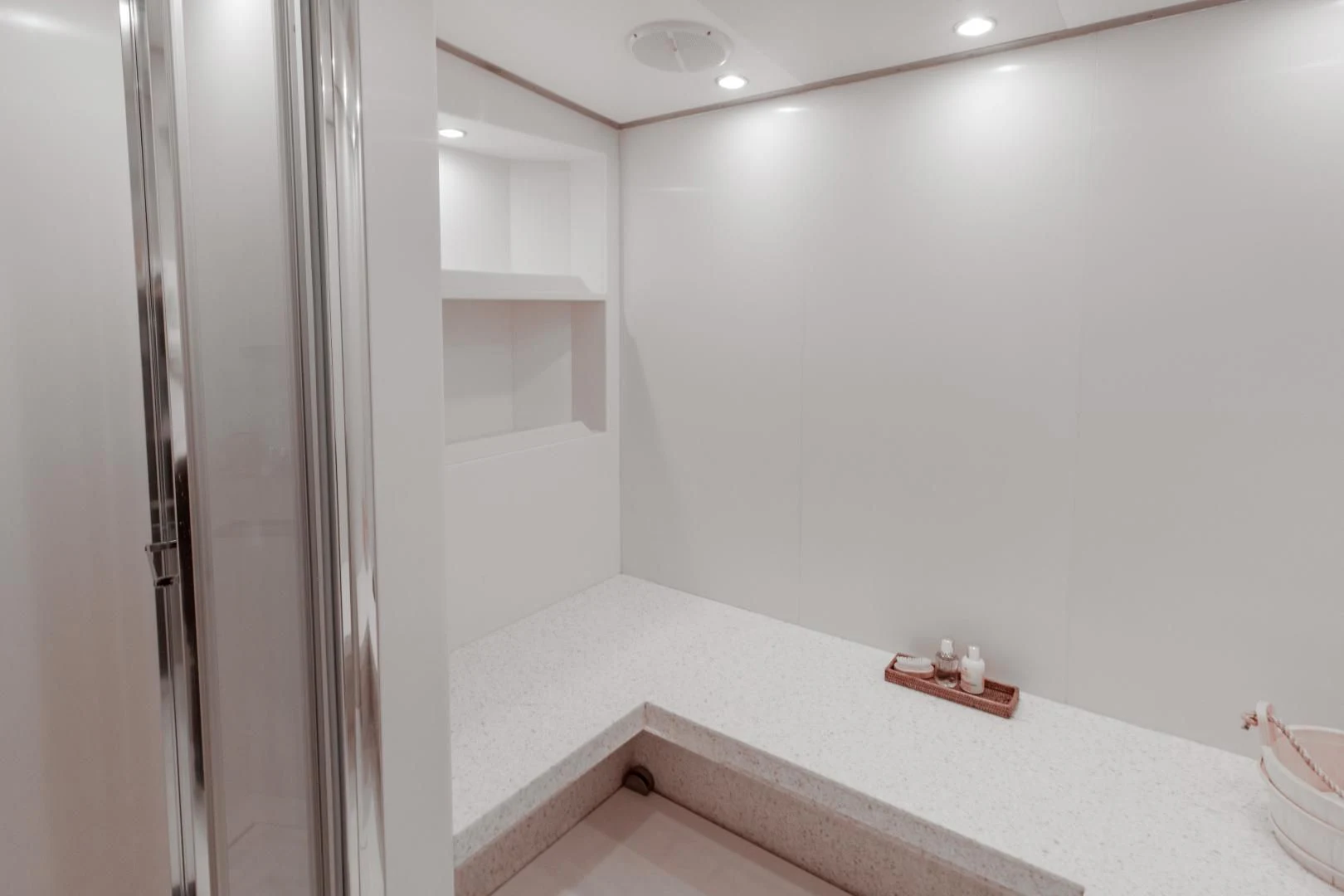 a bathroom with a large shower aboard SORRENTO Yacht for Sale