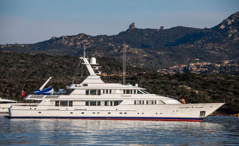 a large white boat in the water aboard TELEOST Yacht for Sale