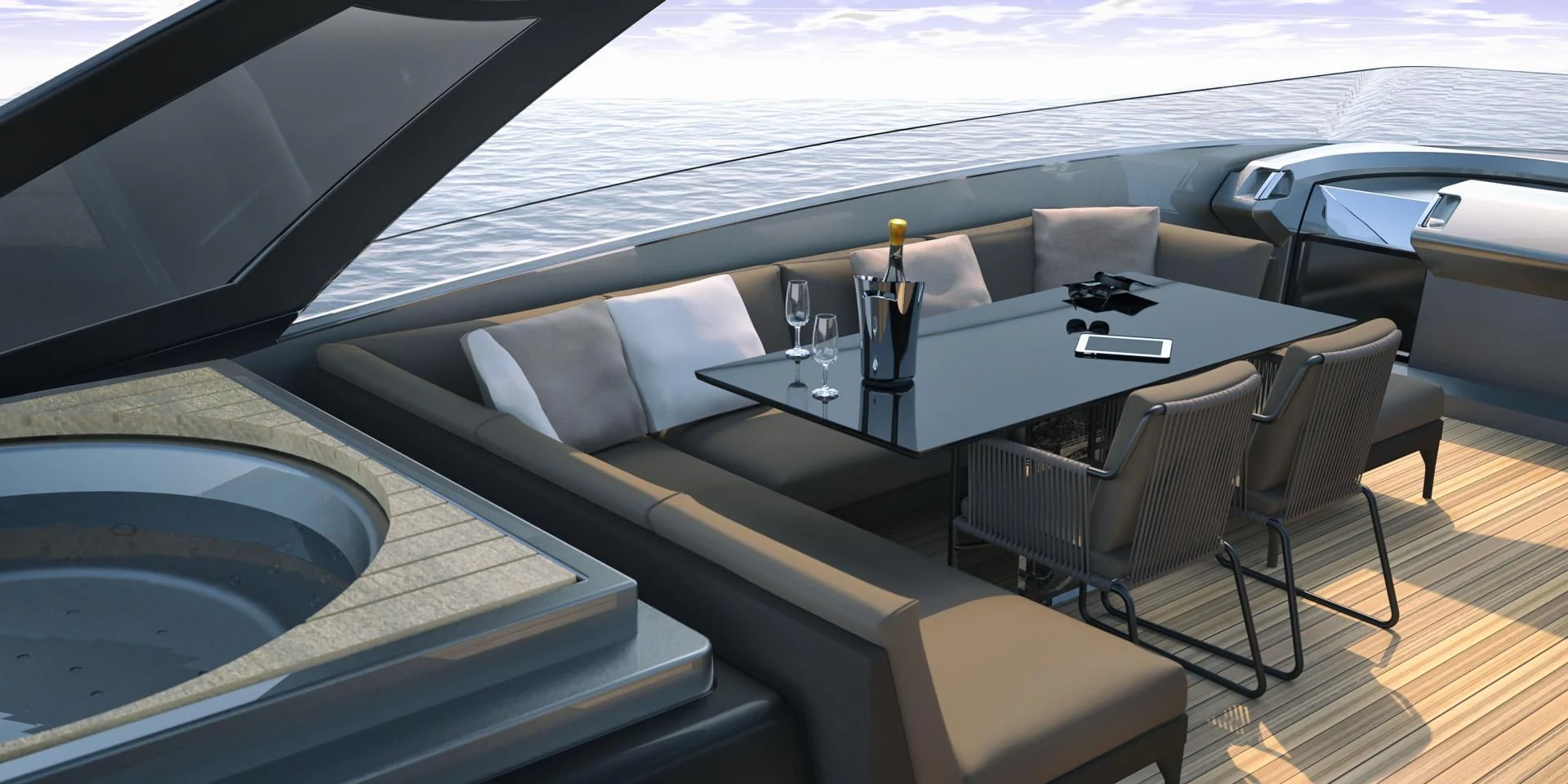 a table with wine glasses on it aboard SEDA Yacht for Sale