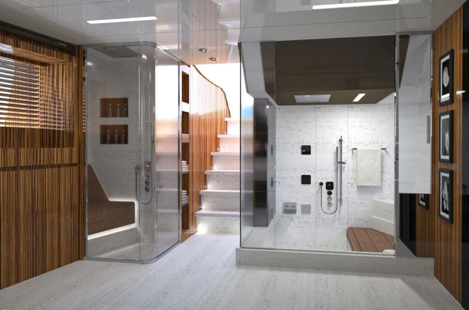 a room with a large mirror and a large hallway aboard SEDA Yacht for Sale