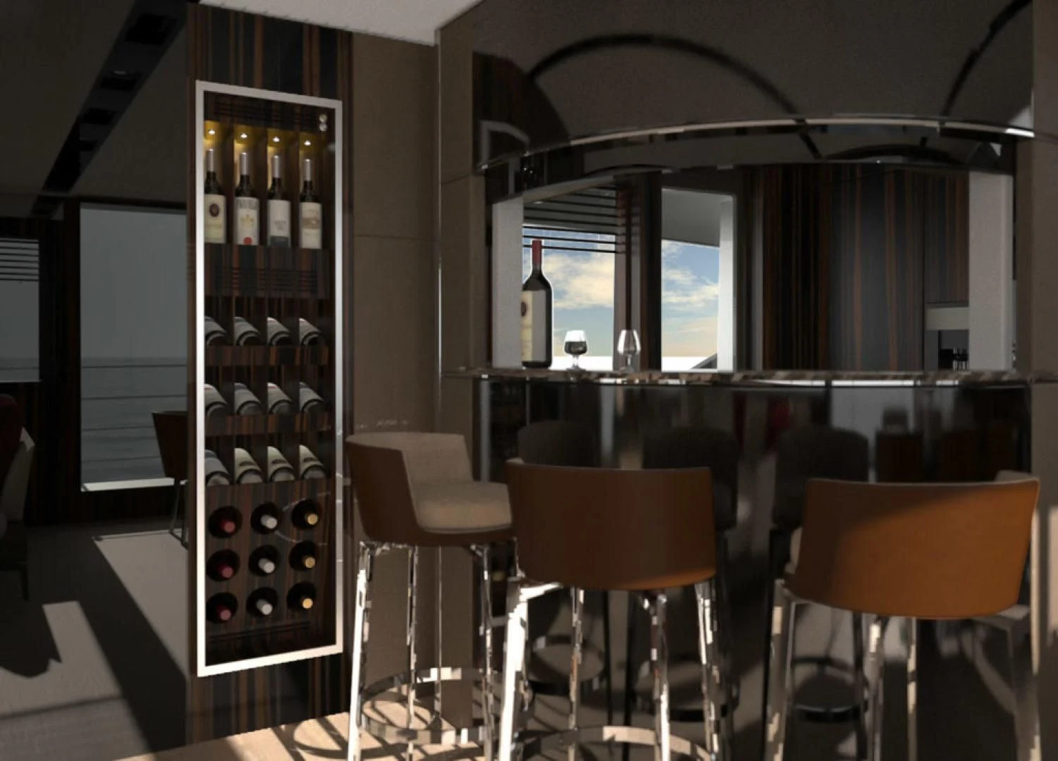 a wine bar with wine bottles aboard SEDA Yacht for Sale