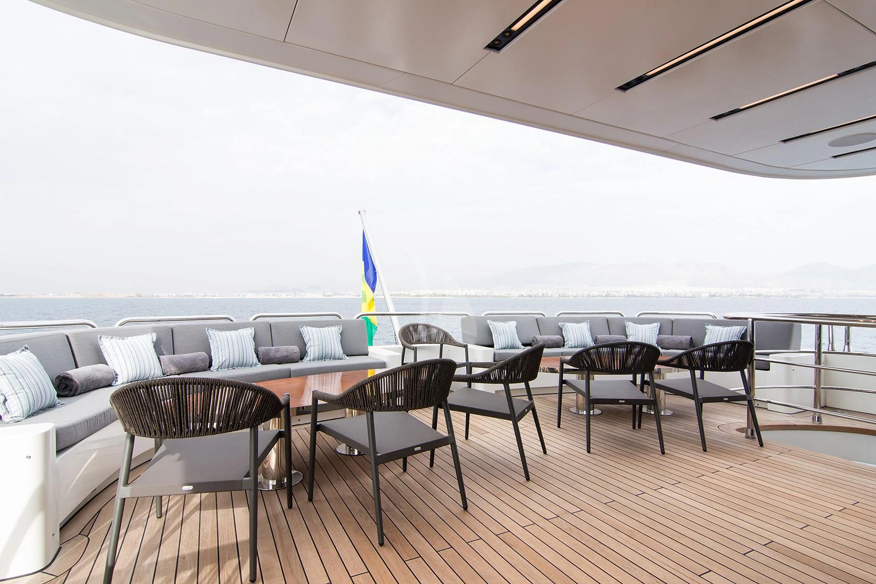 a room with tables and chairs aboard HALLO Yacht for Sale