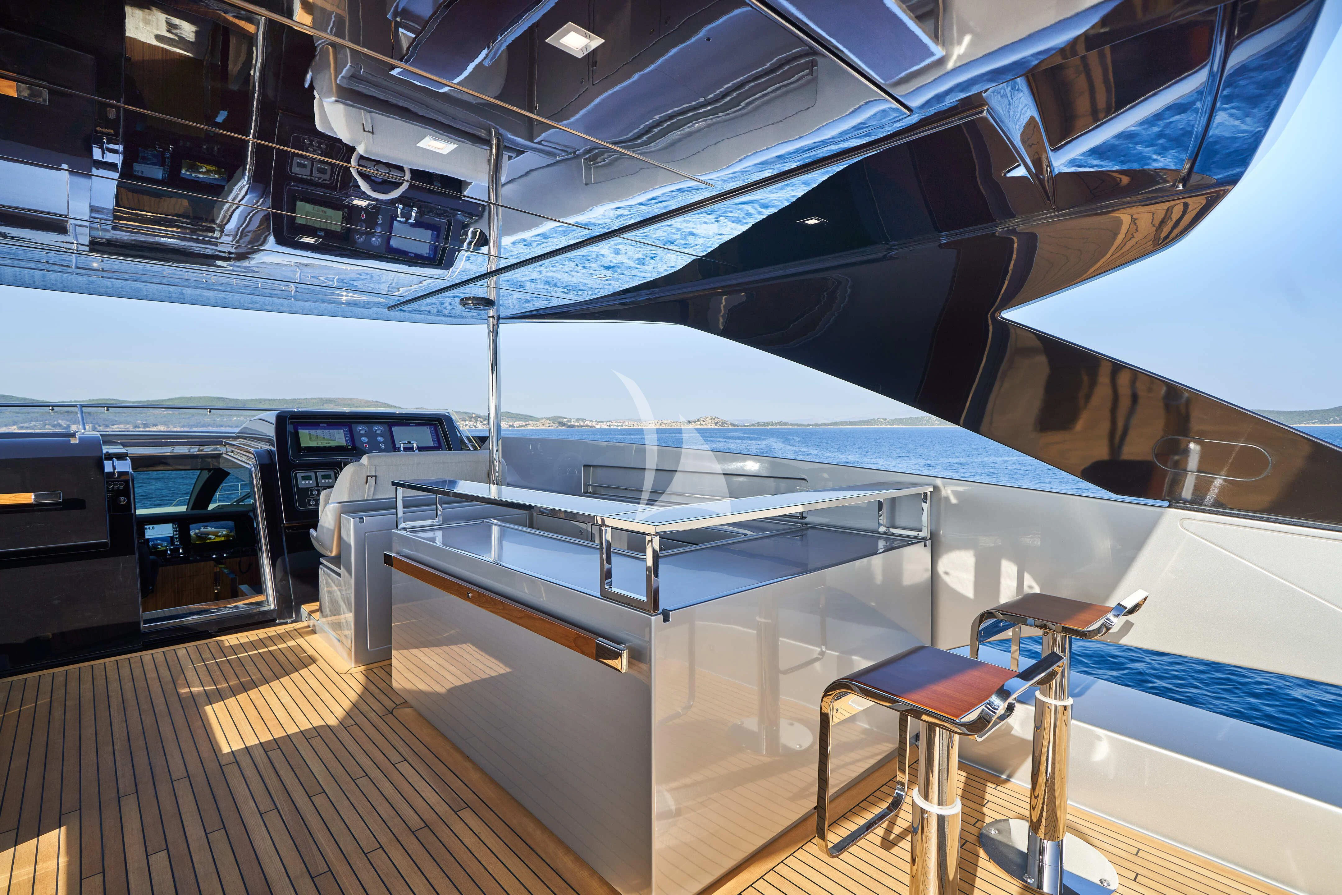 a large white boat in a warehouse aboard NIKITA Yacht for Sale