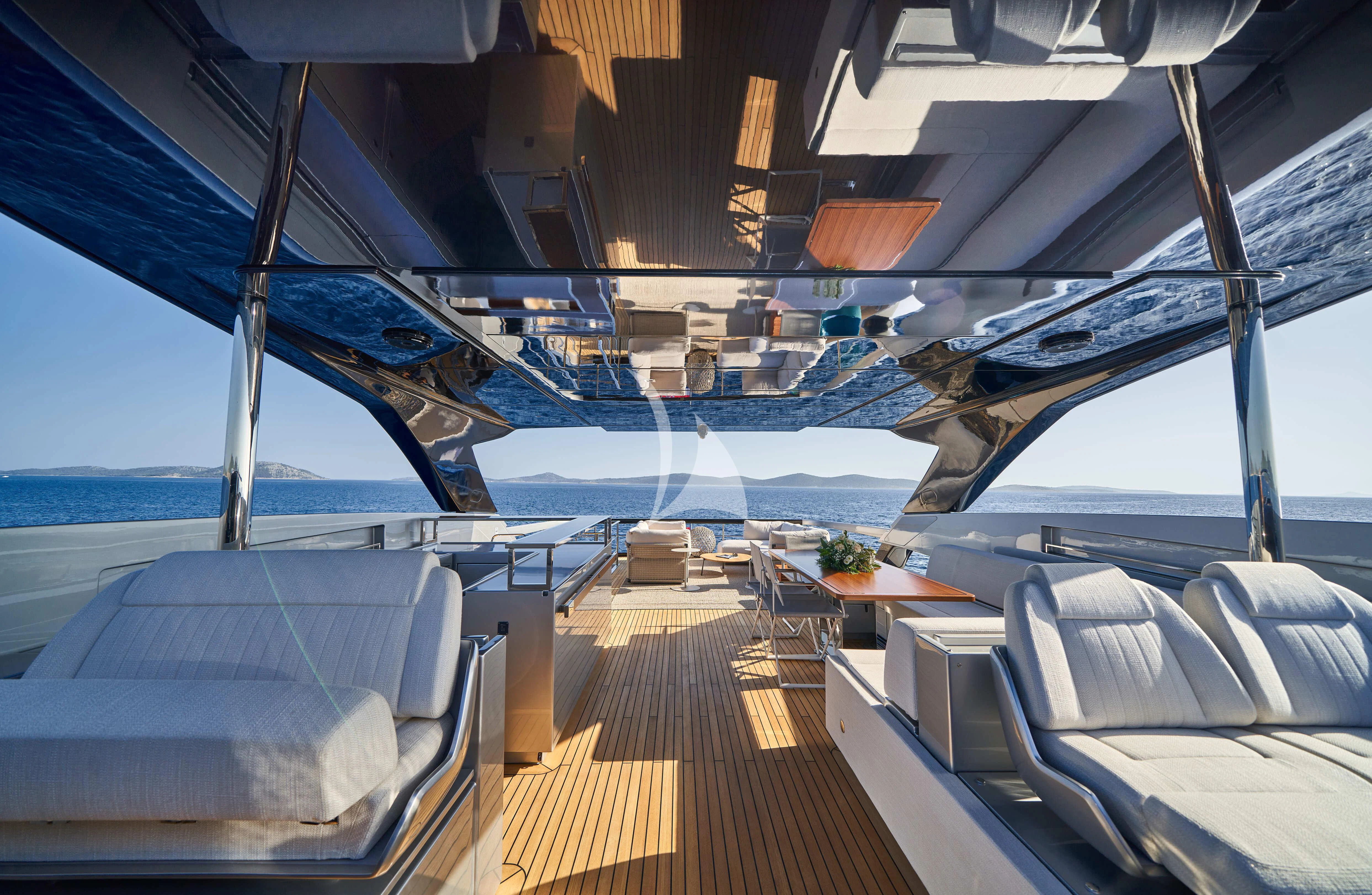 a deck with a large boat on it aboard NIKITA Yacht for Sale