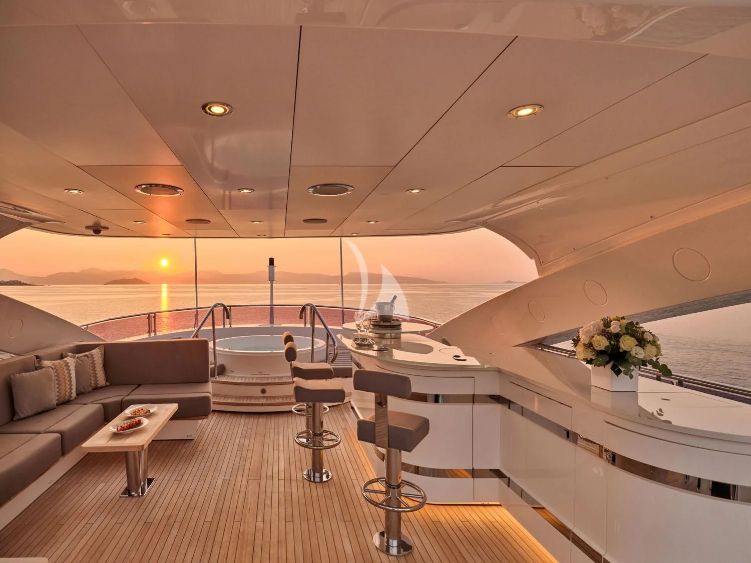 a modern looking living room aboard AQUA LIBRA Yacht for Charter