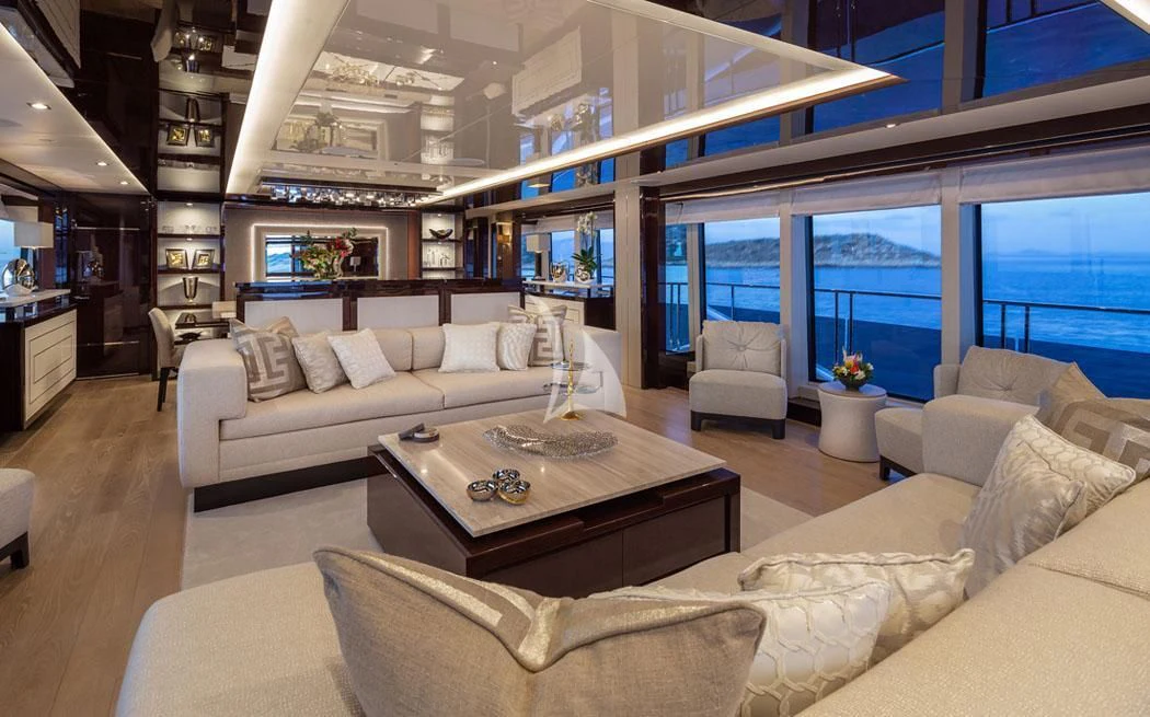 a living room with a large window aboard AQUA LIBRA Yacht for Charter