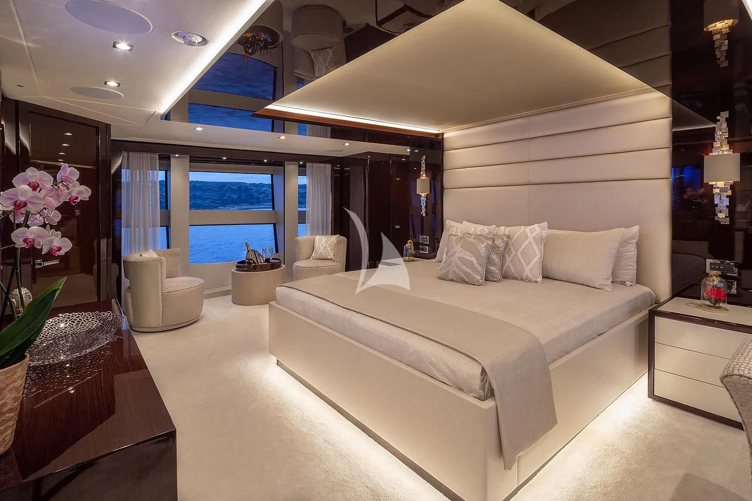a bed in a room aboard AQUA LIBRA Yacht for Charter