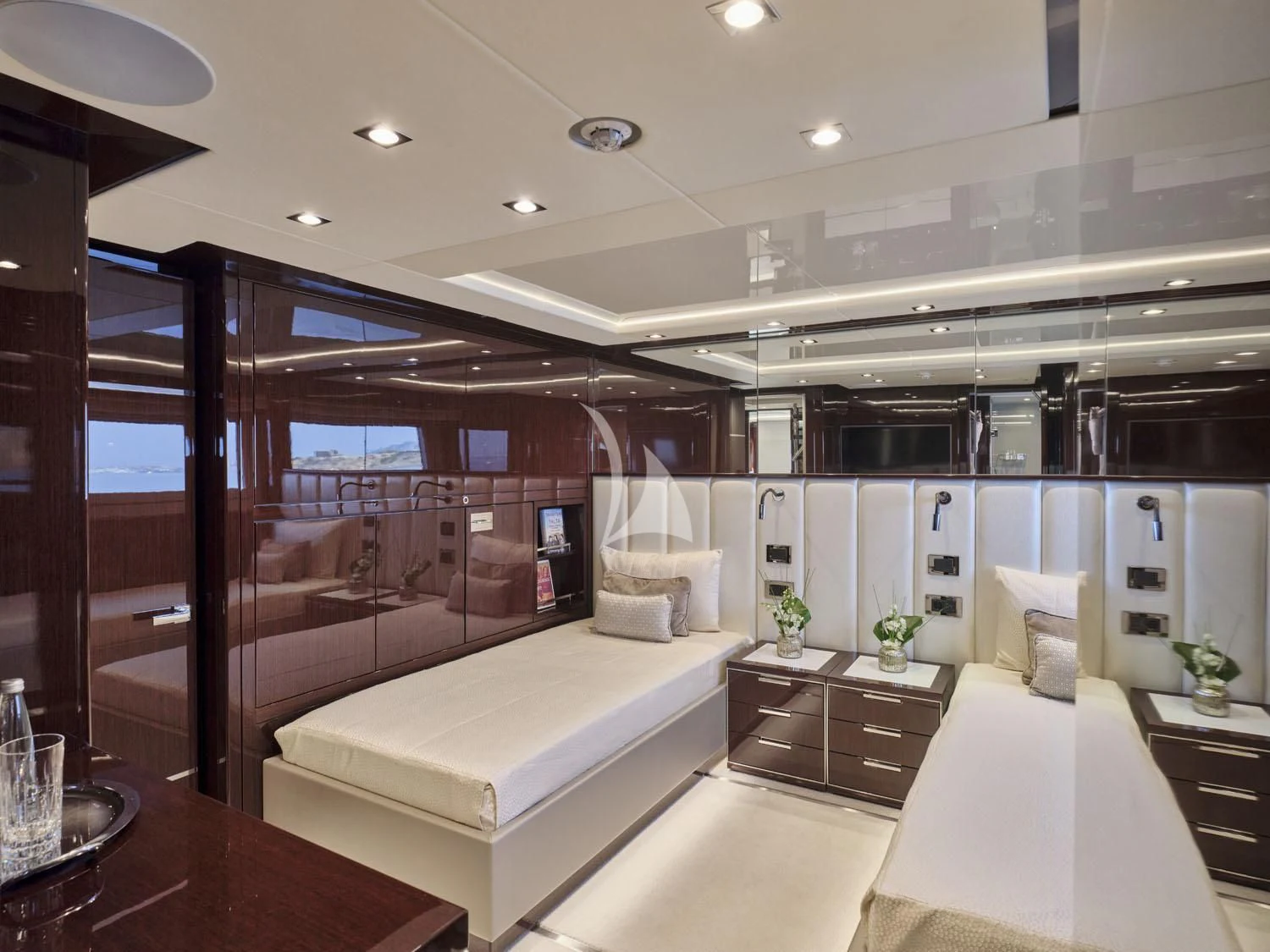 a room with a large window aboard AQUA LIBRA Yacht for Charter