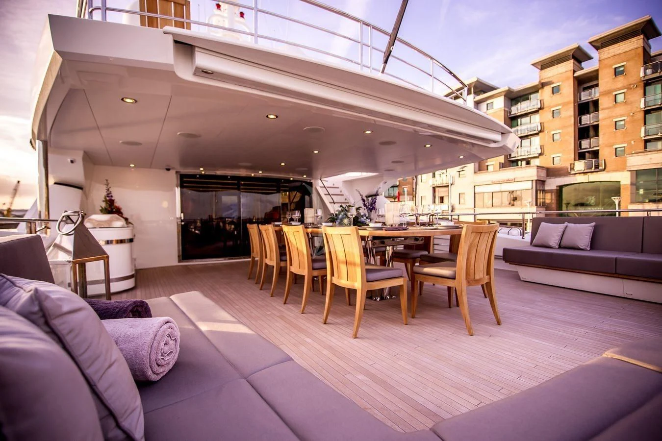 a living room with a large open roof aboard AQUA LIBRA Yacht for Charter
