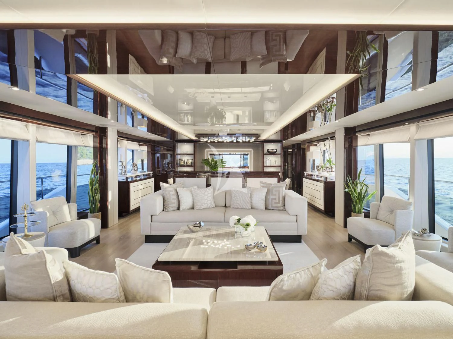 a living room with a large open window aboard AQUA LIBRA Yacht for Charter