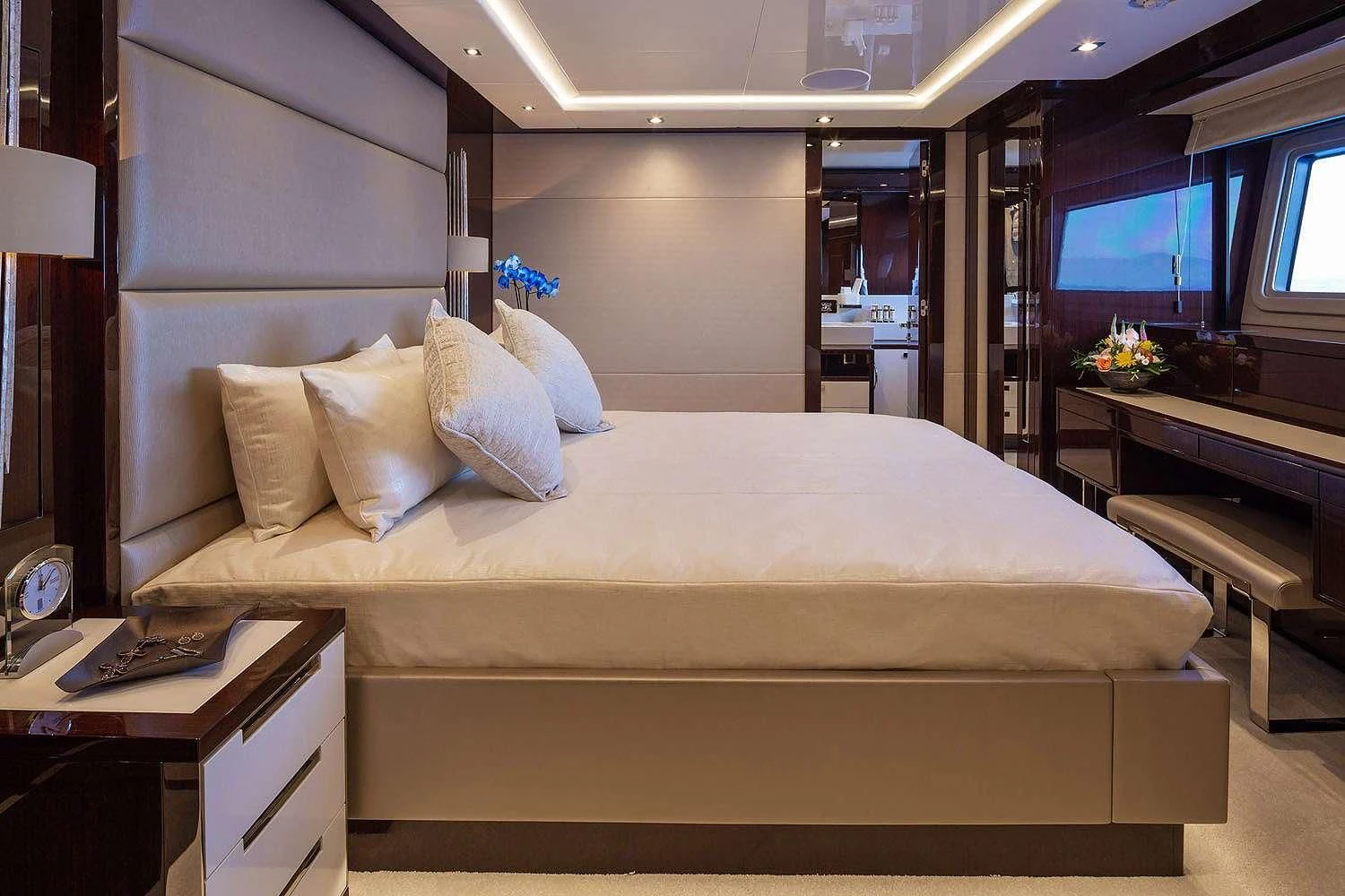 a bed in a room aboard AQUA LIBRA Yacht for Charter