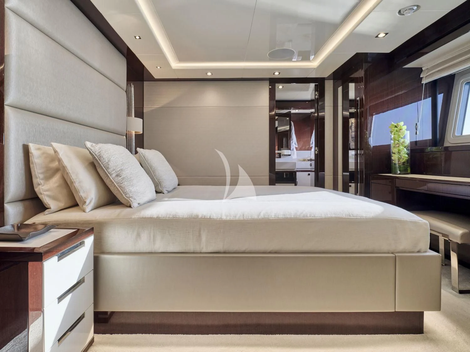 a bed in a room aboard AQUA LIBRA Yacht for Charter
