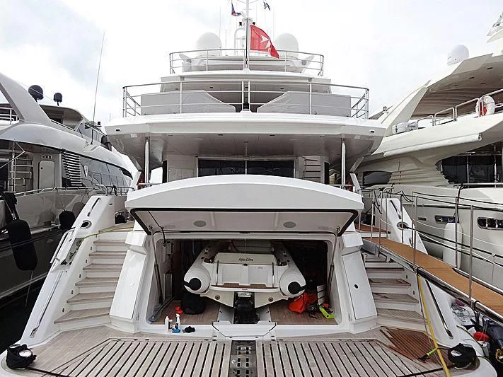 a large white boat with a red stripe on the front aboard AQUA LIBRA Yacht for Charter