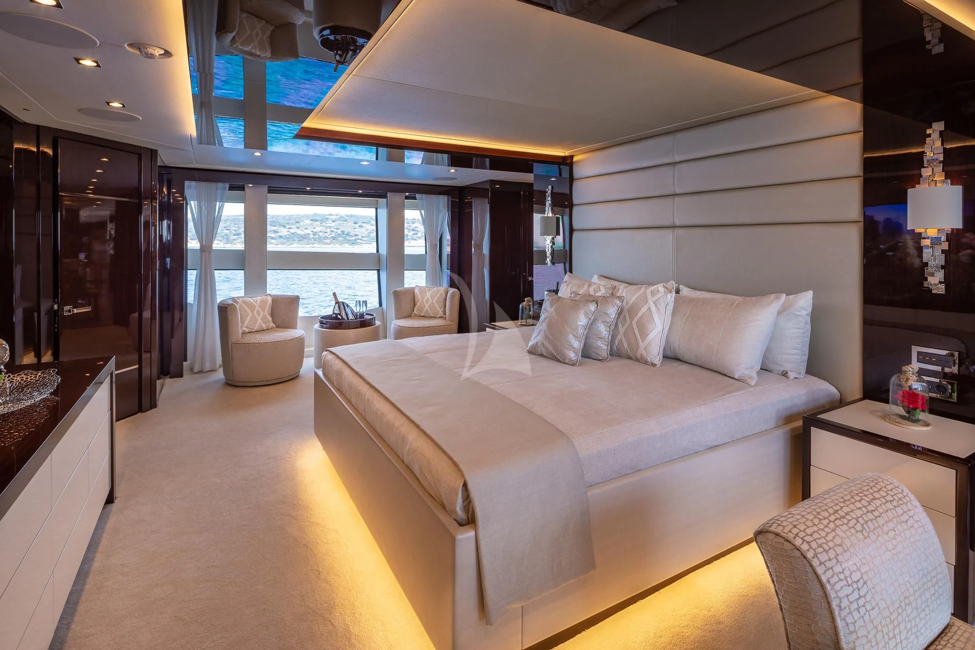 a bed in a room aboard AQUA LIBRA Yacht for Charter