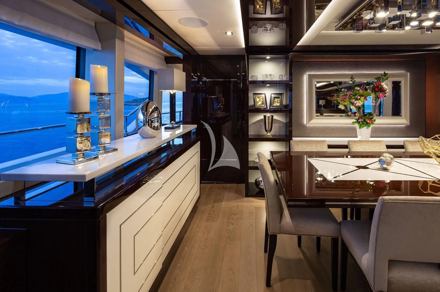 a kitchen with a large island aboard AQUA LIBRA Yacht for Charter