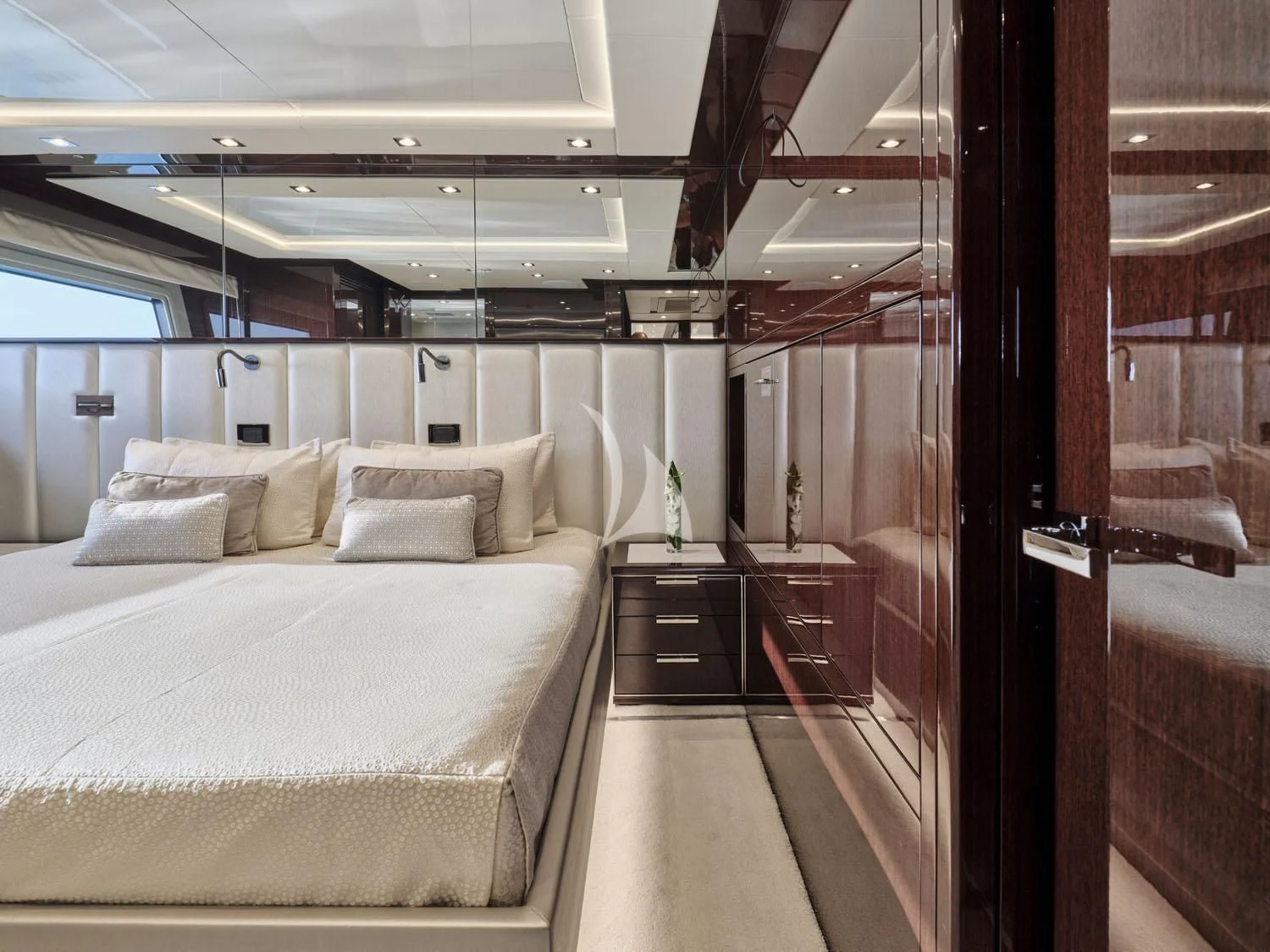 a bed in a room aboard AQUA LIBRA Yacht for Charter