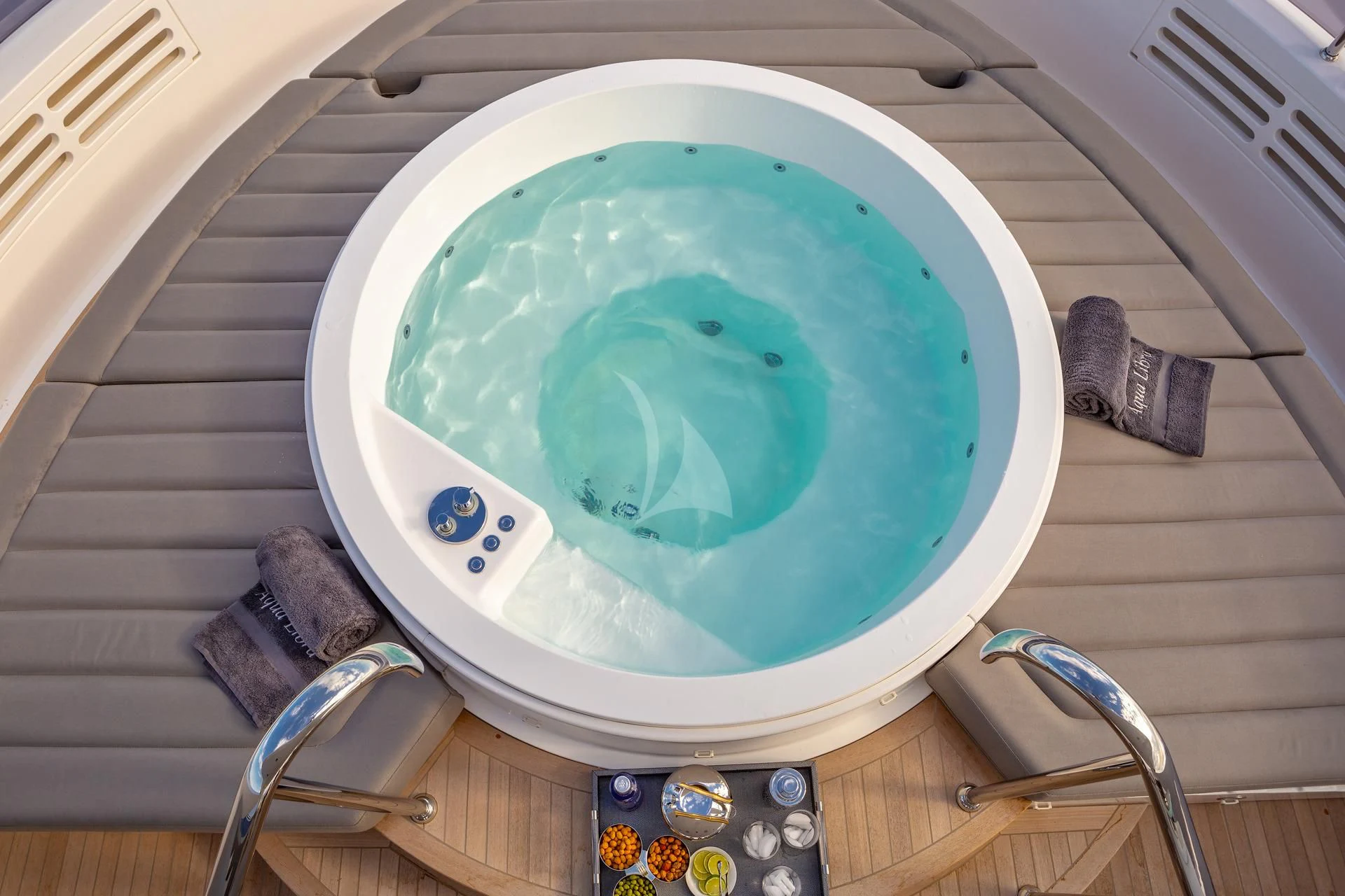 a blue bowl with a green substance inside of it aboard AQUA LIBRA Yacht for Charter