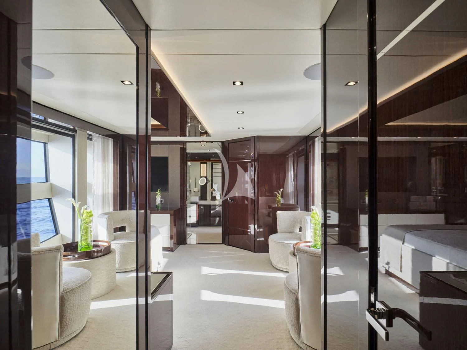 a bathroom with glass walls aboard AQUA LIBRA Yacht for Charter