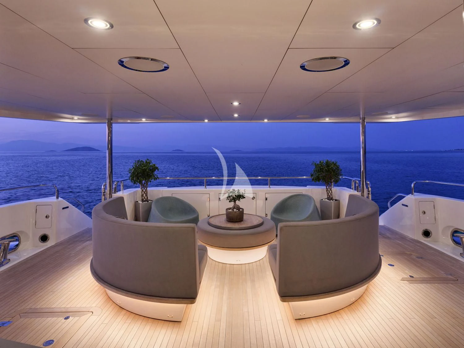 a modern bathroom with a large window overlooking the ocean aboard AQUA LIBRA Yacht for Charter