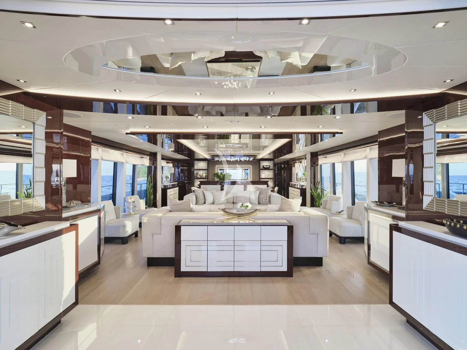 a large room with a large open window aboard AQUA LIBRA Yacht for Charter