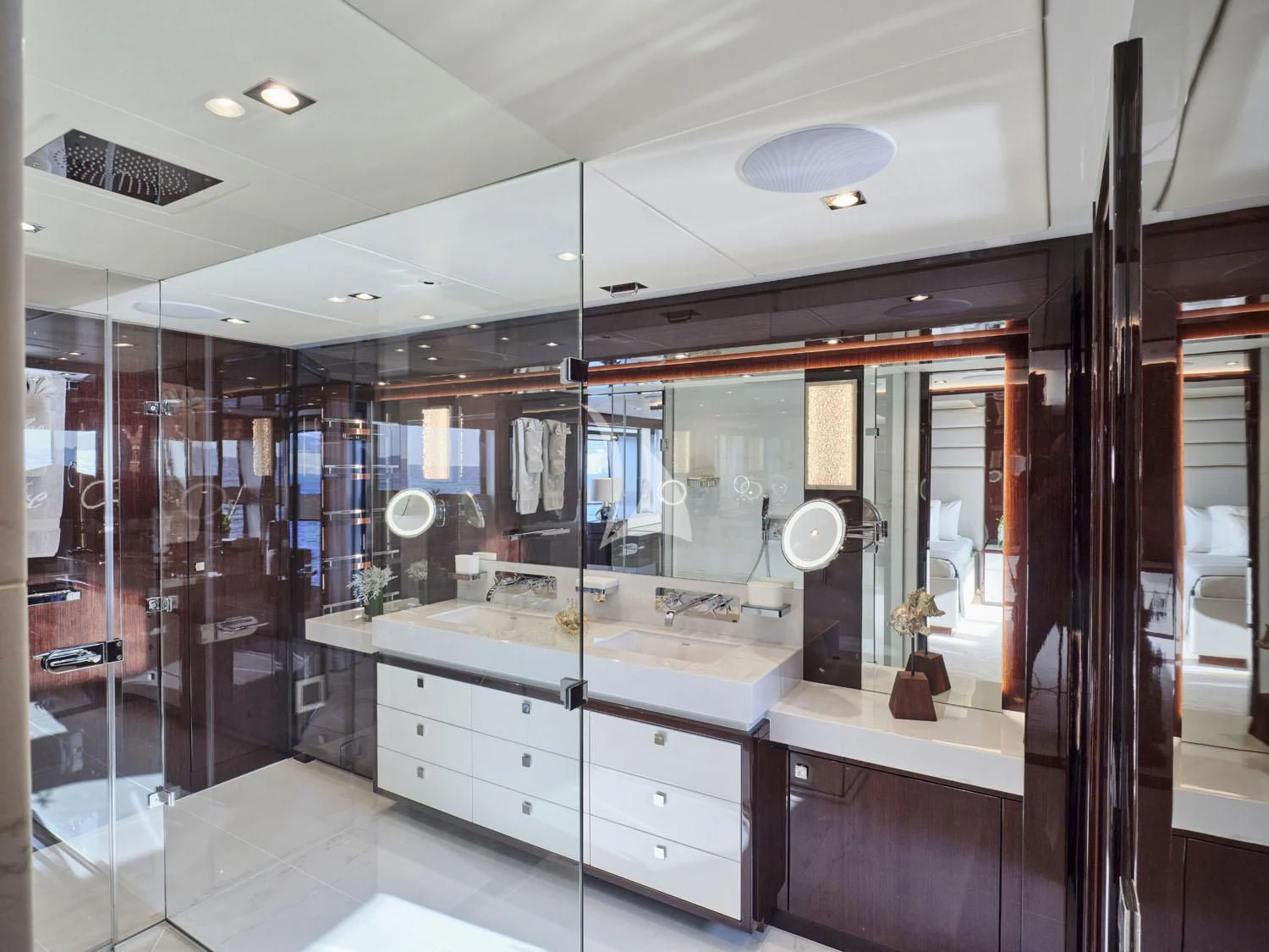 a bathroom with a large mirror aboard AQUA LIBRA Yacht for Charter