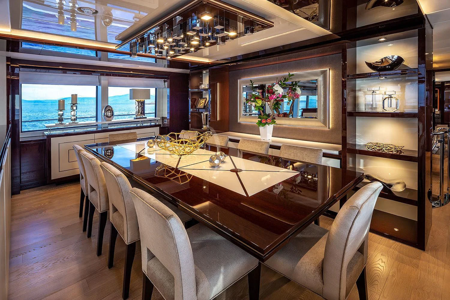a kitchen with a large island aboard AQUA LIBRA Yacht for Charter